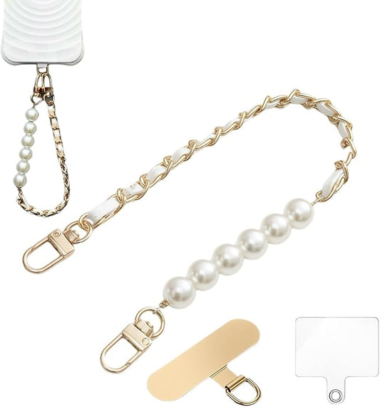 Original Korean Chic Pearl Gold Leather Phone Charm, Versatile with Premium Gold Metal Phone Tab (Pristine White)