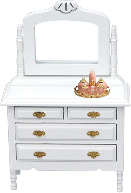 Dollhouse Makeup Vanity with Mirror & Perfume Tray 1/12 Miniature Dressing Table for Dollhouse Bedroom Furniture Decoration