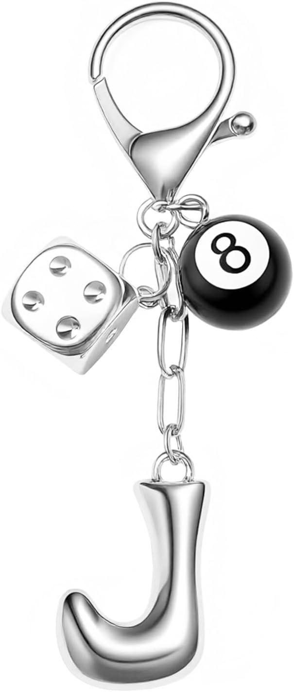 8 Ball Dice Keychain with Silver Bubble Initial - Y2K Aesthetic Cute Bag Purse Charms for Women
