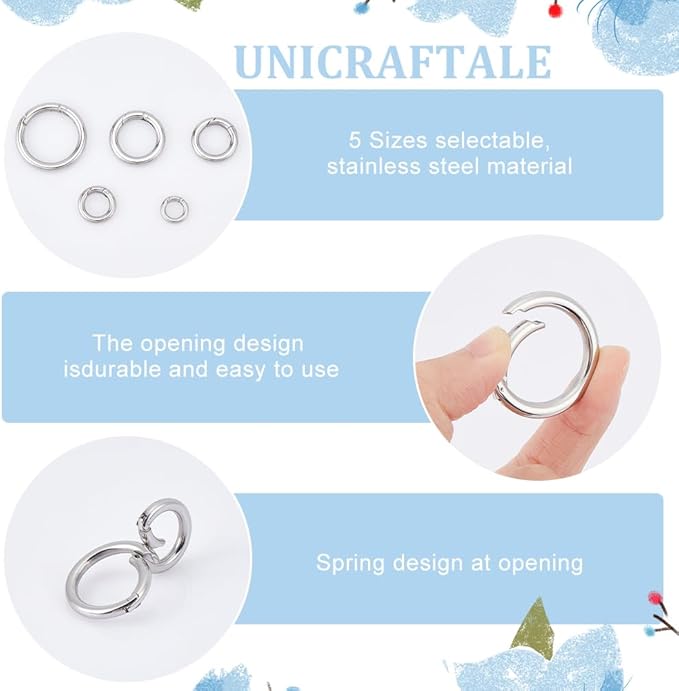 UNICRAFTALE 5Pcs 5 Sizes 316 Stainless Steel Spring Gate Rings Round Metal Springring Trigger Clasp Fasteners for Jewelry Making