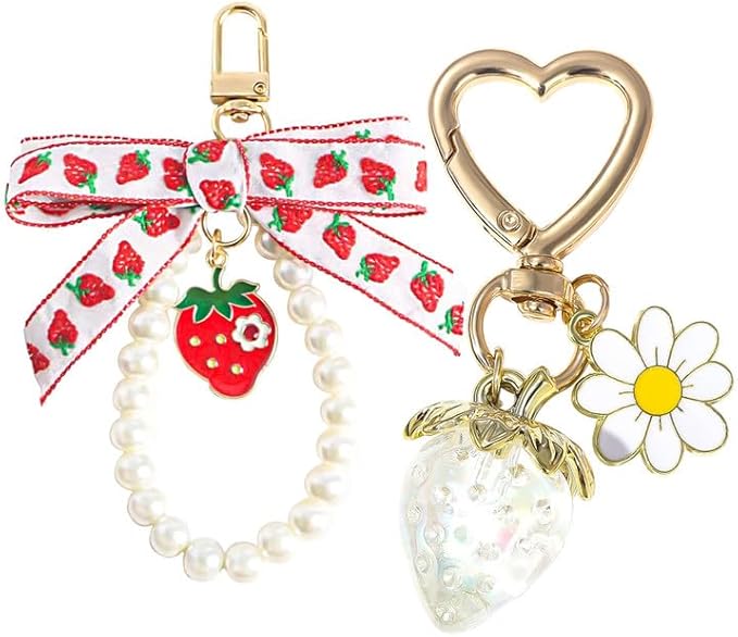 2Pcs Strawberry Keychain Charm Cute Bag Charms Flower Daisy Pearl Bow Keychain Strawberry gift for Women