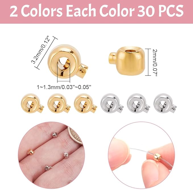 arricraft 60 Pcs Brass Crimp Beads, 2 Colors Loose Rondelle Spacer Beads Metal Irregular Shape Crimp Charms Accessories for Bracelet Necklace Jewelry Making Silver & Golden