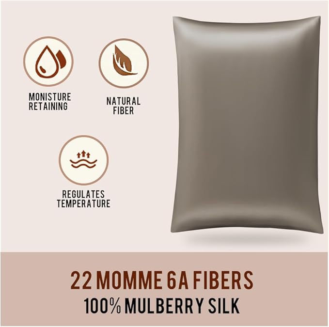 STONECREST Silk Pillowcase, 100% Organic Mulberry Silk, Real 22 Momme 6A Grade, Oeko-Tex Certified, Luxury Pillow Cover for Hair & Skin, with Hidden Zipper(1 Pc Standard 20x26, Brown)