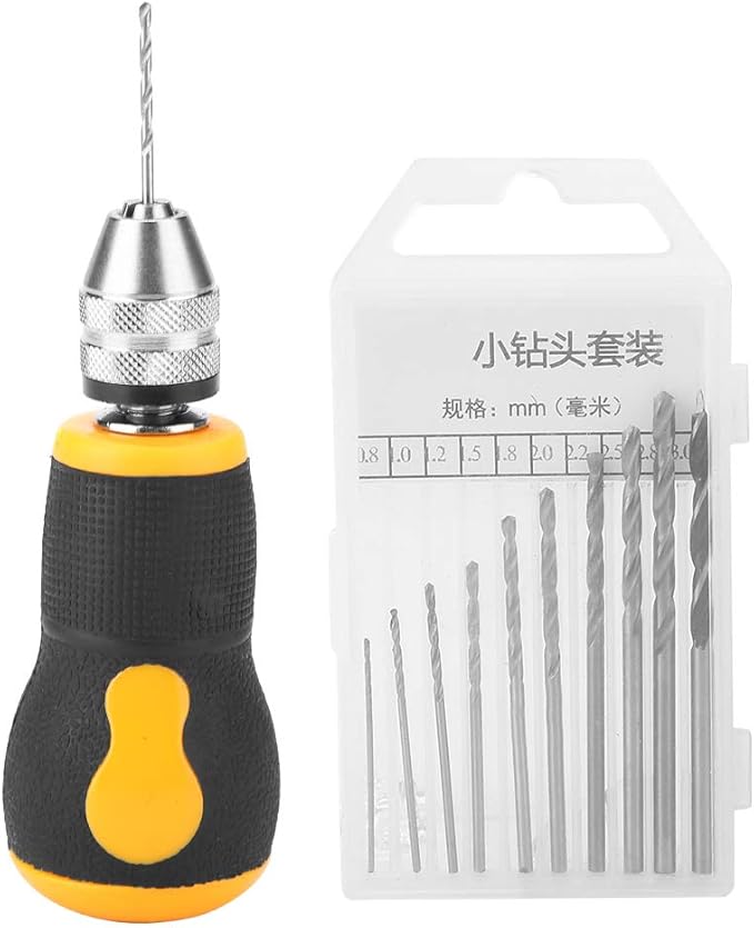 Micro Mini Hand Drill Tool, Portable Tool Set Small Hand Drill & 10 pcs Twist Drill Bits 0.8-3.0mm Precision Pin Vise Woodworking Hand Drill for Model Jewelry Walnut Amber Beeswax