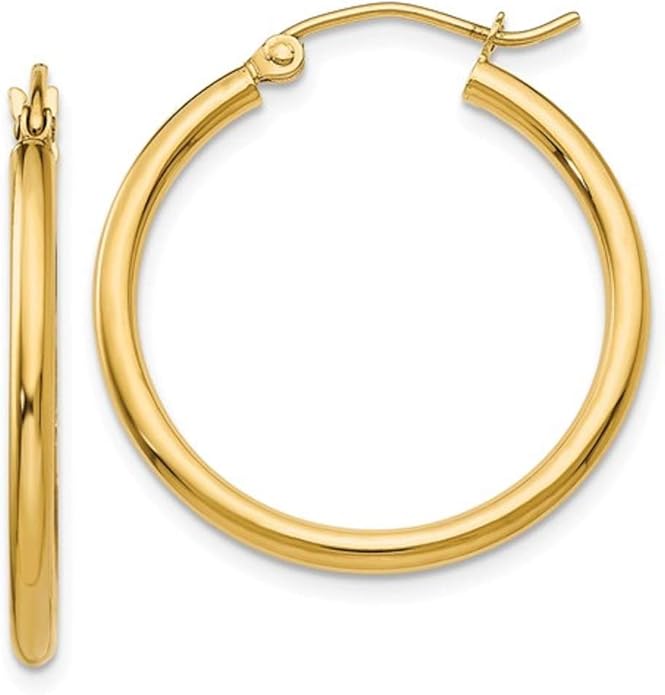 14K Gold Classic Real Hoop Earrings, (2mm Tube)