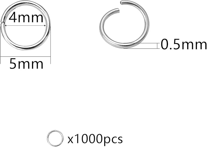 1000 Pcs 5mm Open Jump Rings Rhodium Plated Jump Rings for Jewelry Making Iron Made Single Ring Bulk for DIY Craft Earring Necklace Bracelet Pendant Choker Jewelry Making Findings
