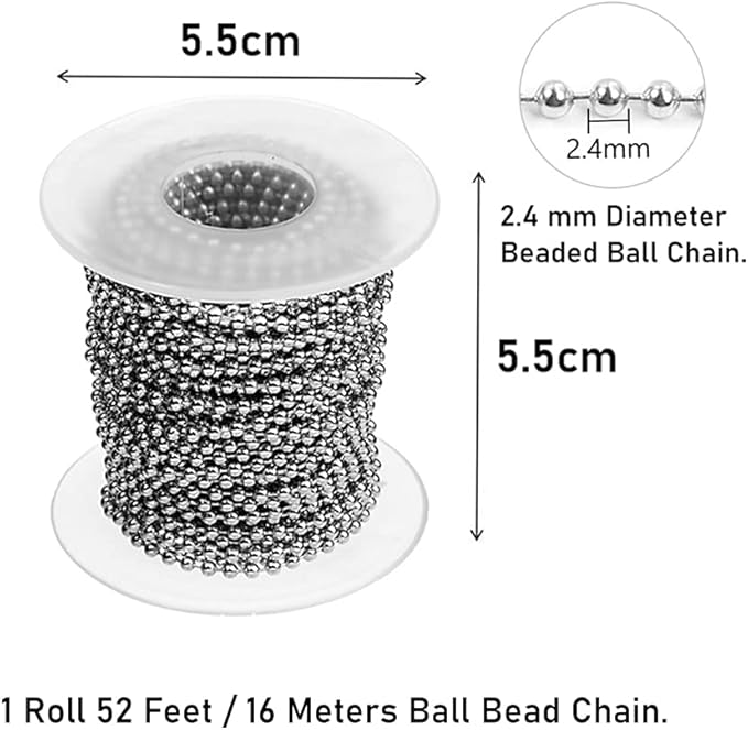 Wayilea Ball Bead Chain 52 Feet, Stainless Steel Ball Chains with 100 Pieces Matching Connectors Clasps, DIY Necklace Making Craft Dog Tag Key Chain, 2.4mm Ball, 1 Roll 16 Meters