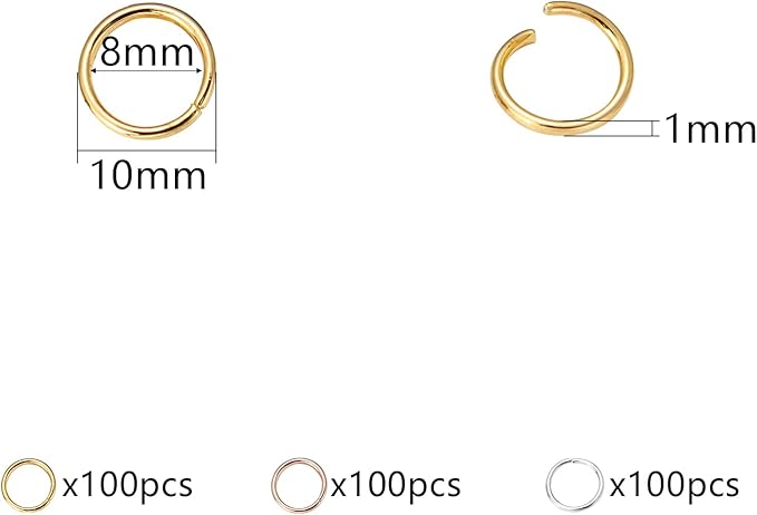 300 Pcs 10mm Open Jump Rings Silver, Gold and Rose Gold Plated Jump Rings for Jewelry Making Iron Made Single Ring Bulk for DIY Craft Earring Necklace Bracelet Pendant Choker Jewelry Making Findings