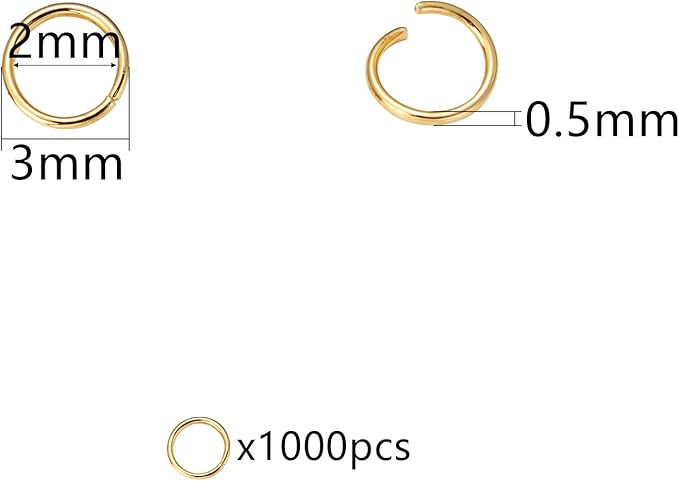 1000 Pcs 3mm Open Jump Rings Gold Plated Jump Rings for Jewelry Making Iron Made Single Ring Bulk for DIY Craft Earring Necklace Bracelet Pendant Choker Jewelry Making Findings