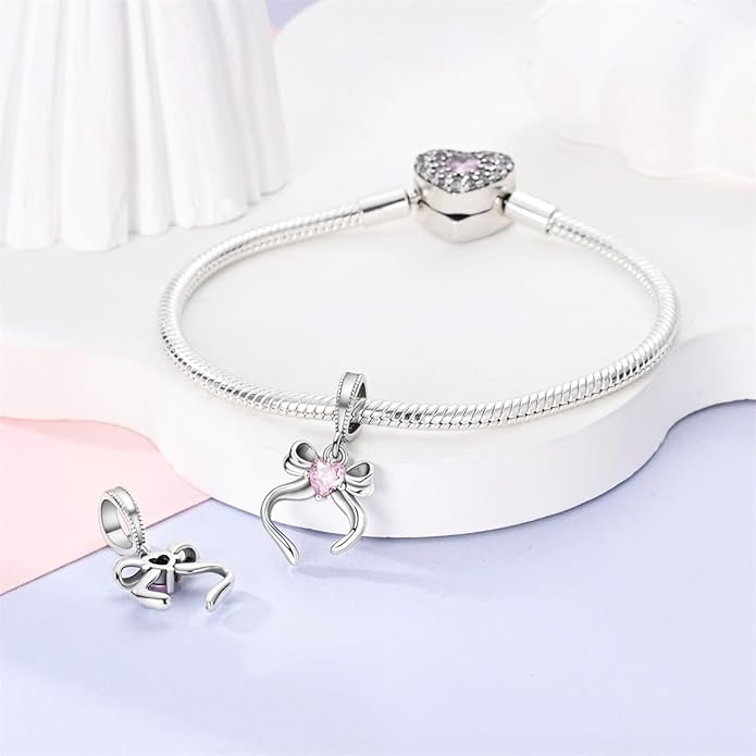 HONGRUI 925 Sterling Silver Charm for Bracelets Necklace Fashion Heart Bow Flower Family Butterfly Pendant Bead Charm for Women Festival jewelry gifts