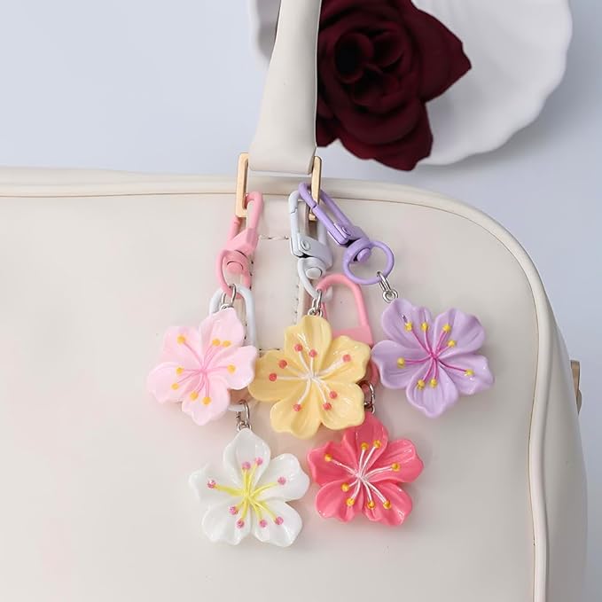 Cherry Blossom Flower Keychain Cute Flower Keychains for Women Colorful Floral Bag Charms for Handbags Kawaii Flowers Purse Charms Cherry Blossom Car Key Chain Bulk Aesthetic Keychain Accessories