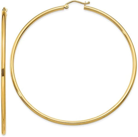 14K Gold Classic Real Hoop Earrings, (2mm Tube)