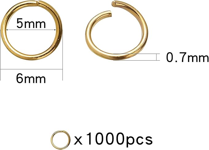 1000 Pcs 6mm Open Jump Rings Gold Plated Jump Rings for Jewelry Making Single Ring Bulk for DIY Craft Earring Necklace Bracelet Pendant Choker Jewelry Making Findings and Key Ring Chain (Gold, 6mm)