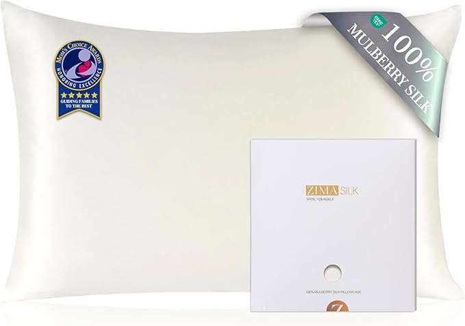 ZIMASILK 100% Pure Mulberry Silk Pillowcase for Hair and Skin Health,Soft and Smooth,Both Sides Premium Grade 6A Silk,600 Thread Count,with Hidden Zipper,1pc (King 20''x36'',Ivory)