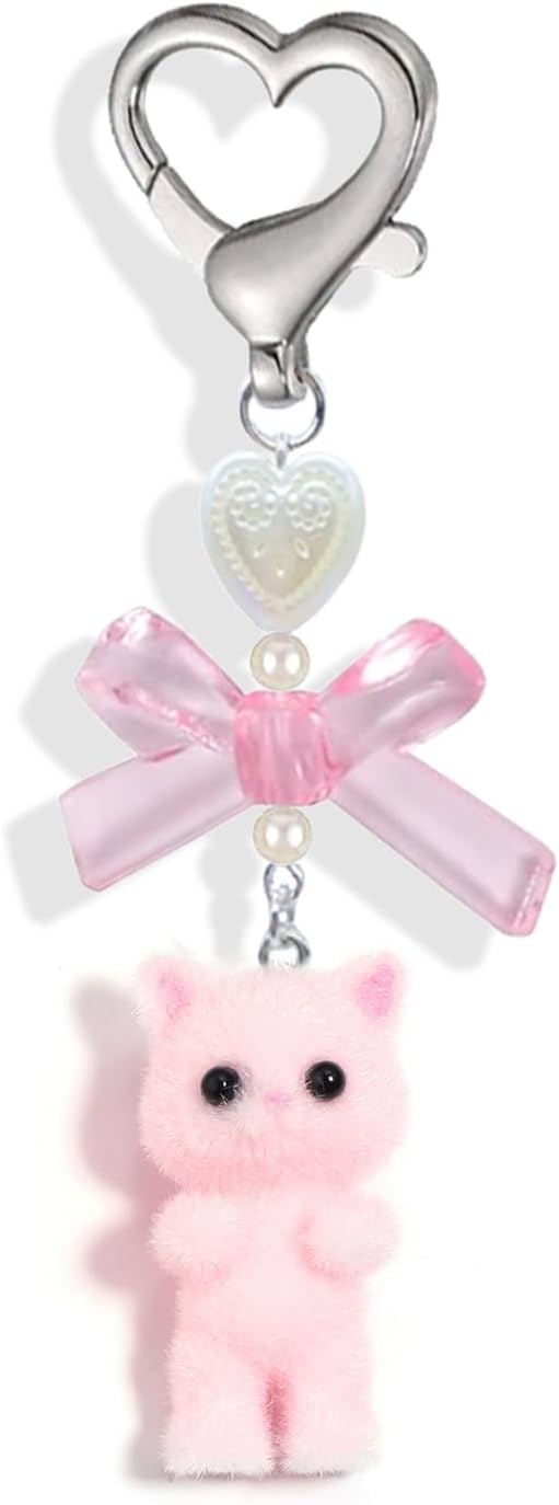 Agromusk Cute Kitty Keychain, Fuzzy Cat Decor Gifts, Y2K Heart Bow Pendent Women Girls Kawaii Cat Bag Charm