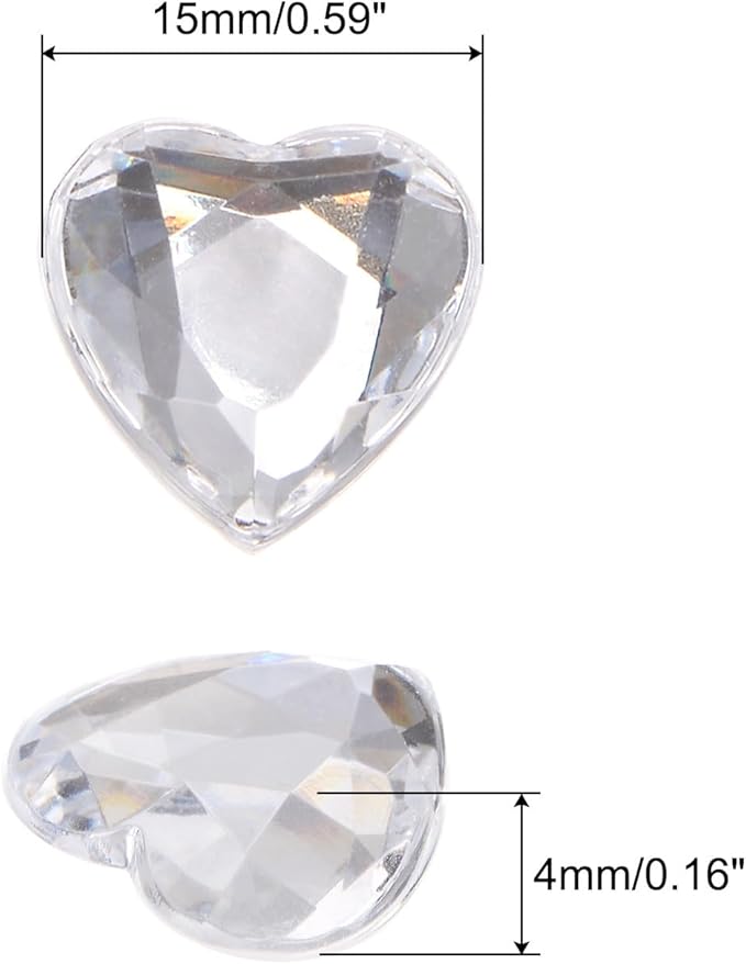 MECCANIXITY 40 Pcs Acrylic Heart Rhinestone 15mm Flat Back Plastic Gems Jewelry Stickers for Craft Bead Face Painting Costume Jewelry Making, Transparent White