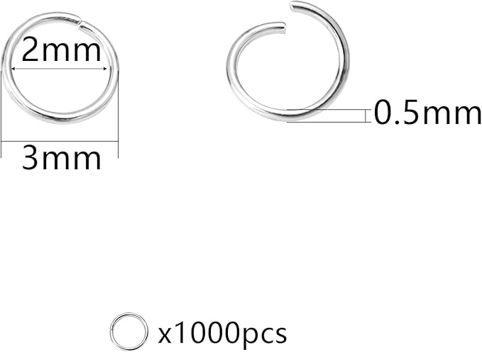 1000 Pcs 3mm Open Jump Rings Silver Plated Jump Rings for Jewelry Making Iron Made Single Ring Bulk for DIY Craft Earring Necklace Bracelet Pendant Choker Jewelry Making Findings