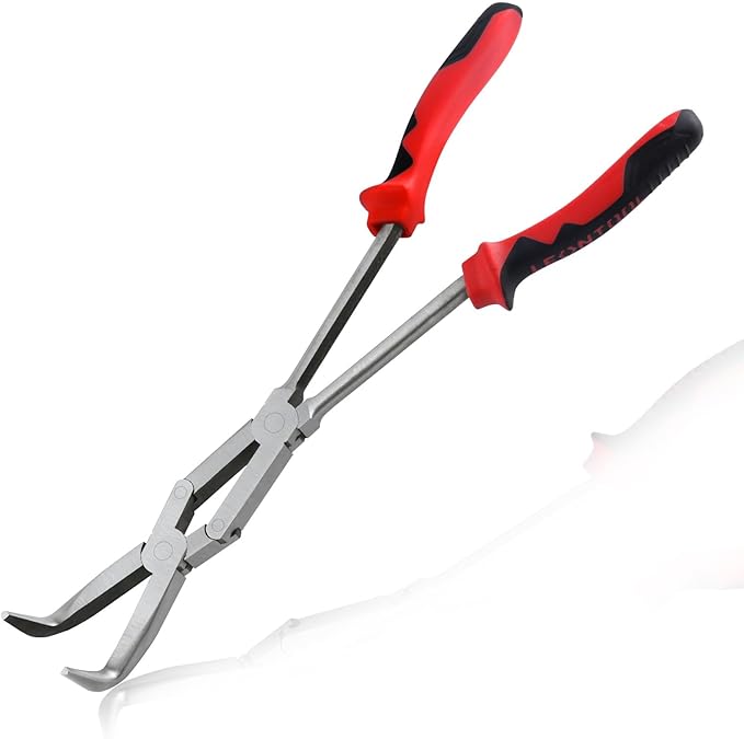 Long Reach 90 Degree Bent Nose Pliers 13-Inch Dual Pivot Double Joint Serrated Jaw Angled Needle Nose Extra Extended for Narrow Spaces and Limited Areas