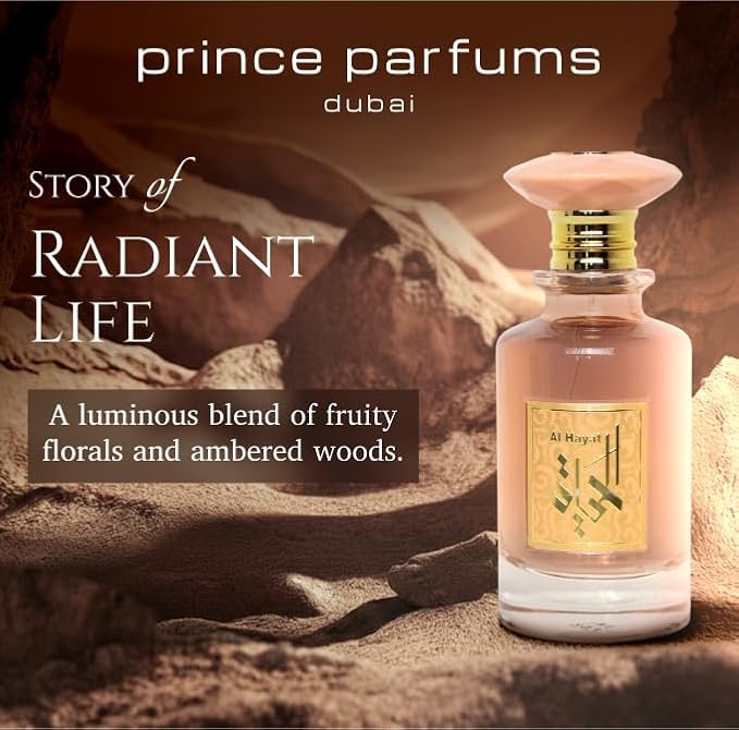 Prince Parfums Dubai – Al Hayat – 3.4 Ounces – Radiant Women’s Eau de Parfum – Fruity Florals with Jasmine & Amber – Essence of Life, Femininity & Beauty