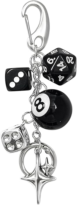 Y2K Keychain for Women, 8 Ball Dice Charm with Carabiner Clip - Cute Goth Core Keychain Bag Charm for Keys Bags Jeans