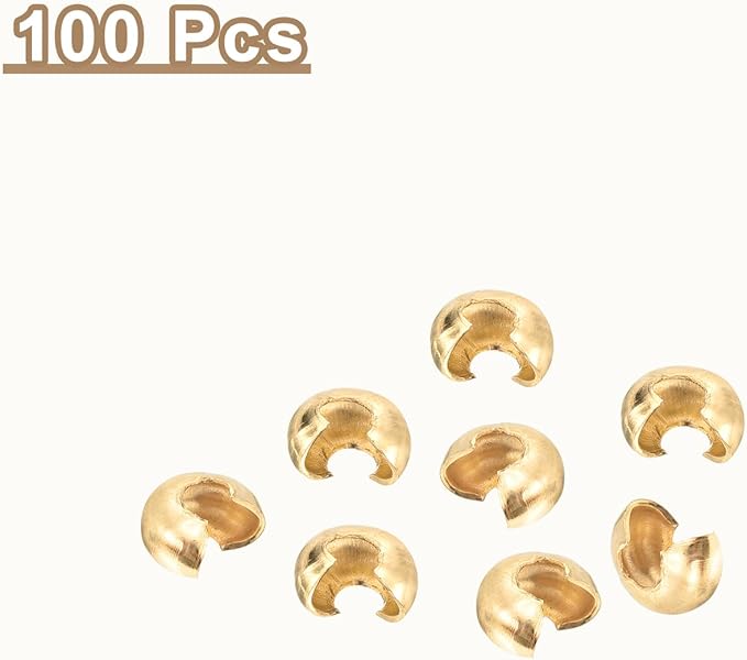 uxcell 100pcs Crimp Bead Covers, 3mm/0.12" Half Round Open Crimp Beads Knot Cover Metal Small Loose Beads End Tip for Bracelet Jewelry Making Craft DIY, Light Gold