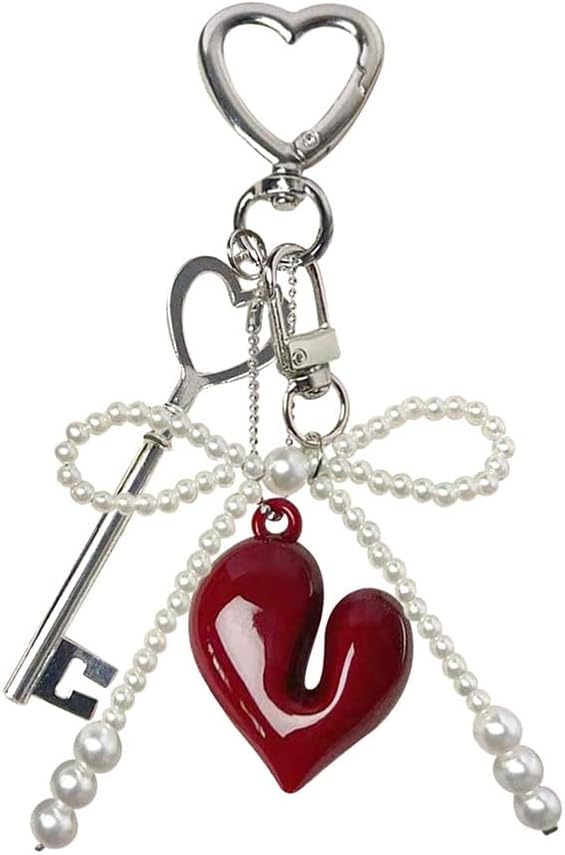 Cute Red Heart Pearl Bow Keychain Accessories, Decorative Pendant for Women's Keychain, Purse, Backpack, Handbags, Gifts