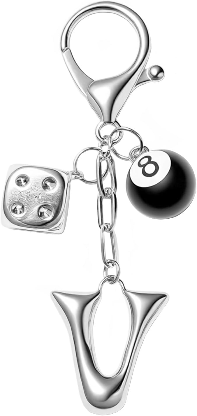 8 Ball Dice Keychain with Silver Bubble Initial - Y2K Aesthetic Cute Bag Purse Charms for Women