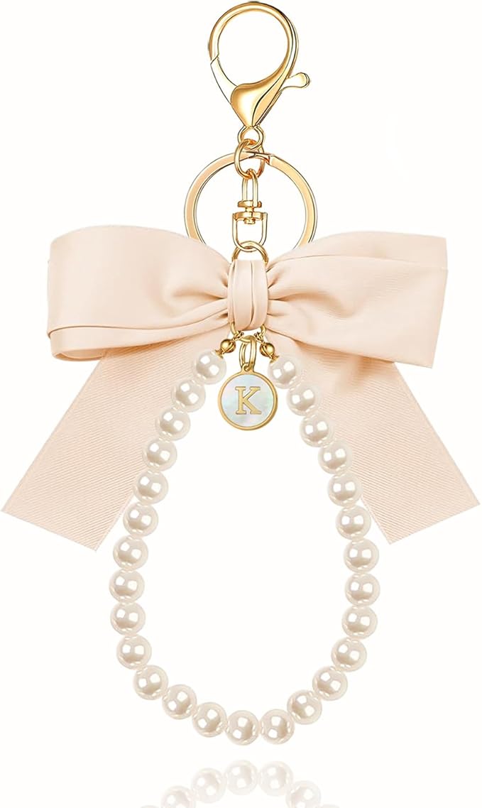XGALBLA Initial Letter Cute Coquette Bow Keychain for Women, Wristlet Simulated Pearl Keychains Bag Charms for Handbags