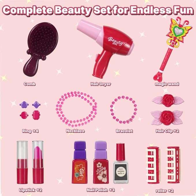 Toddler Vanity Set with Mirror, Lights & Music – Pink Princess Makeup Table with Stool, Pretend Play Beauty Salon Toy with Hair Dryer & Accessories for Little Girls Ages 3–5 Dress Up Gift (Pink)