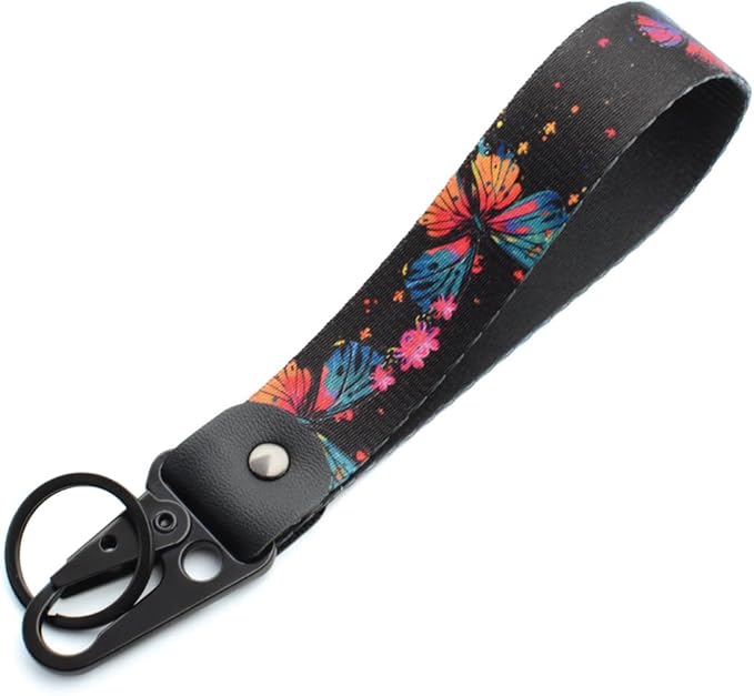 2 Pcs Classic Black & Floral Keychain Wristlet Lanyard for Women couples, Flower Wristlet Strap for Keys Hands-Free Wearable