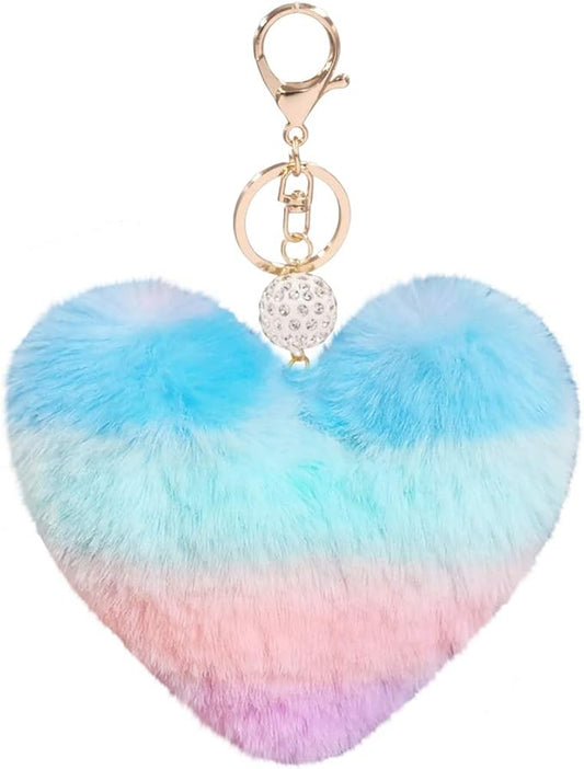 Women's Heart Faux Fur Pom Pom Key Chains Bag Accessory Puffball Keyring Backpack Charms for Girls