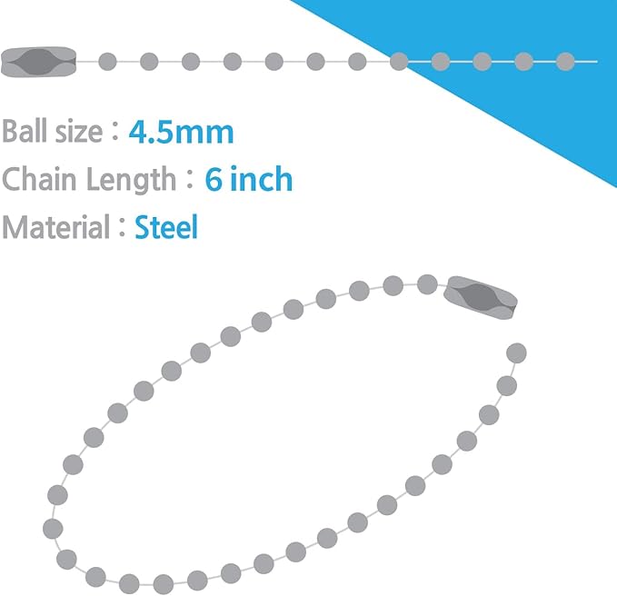 50-Pack 4-Inch Ball Chains with Connectors, 4.5mm Stainless Steel Beaded Chain for Fan Pulls, Dog Tags, Keychains, Crafts, ID Badges, Necklace Chains