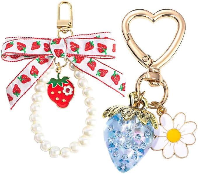 2Pcs Strawberry Keychain Charm Cute Bag Charms Flower Daisy Pearl Bow Keychain Strawberry gift for Women