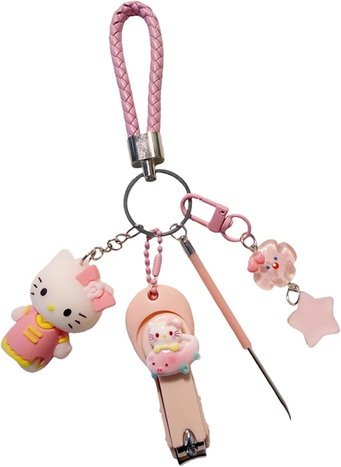 Cute Keychain with Nail Clipper Ear Pick for Women Girls Cute Key Chain Wristlet Cartoon Keychain Lanyard