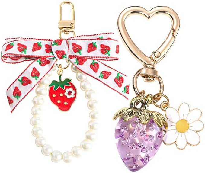 2Pcs Strawberry Keychain Charm Cute Bag Charms Flower Daisy Pearl Bow Keychain Strawberry gift for Women