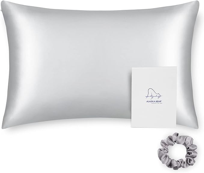 ALASKA BEAR 100% Pure Mulberry Silk Pillowcase for Curly Hair Wife Women Mother Her Grandma Pillow Slip Machine Washable Queen 20"x30" (1 Pack, Silver)