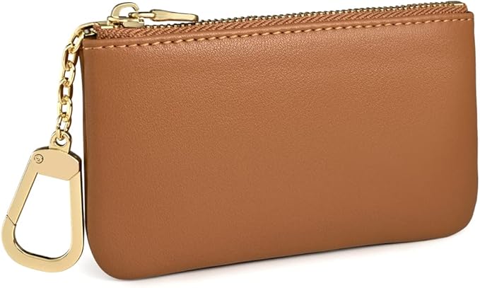 Premium Genuine Full Grain Leather Mini Coin Purse Keychain Pouch Card Holder for Men Women (Light Brown)