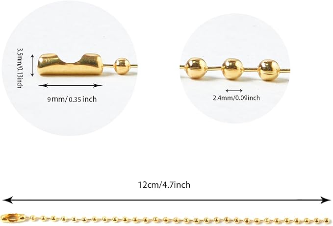100 Pcs Gold Ball Chains Bulk, 4.72 Inch (12 cm) Beaded Keychain Links with Connectors, 2.4mm Dog Tag Chains for DIY Jewelry Making, Crafts & Hanging Decorations