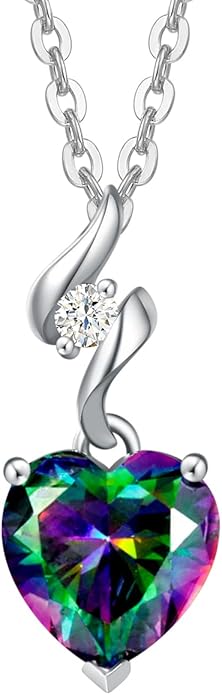 AGVANA Christmas Gifts 14K Solid White Gold Diamond Gemstone Pendant with Sterling Silver Chain 8mm Heart Birthstone Necklace Fine Jewelry Anniversary Birthday Gifts for Women Mom Wife