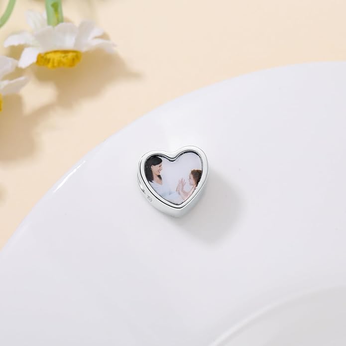 LONAGO 925 Sterling Silver Personalized Photo Charm Fit Compatible for Bracelet Necklace Customized Heart Round Shape Picture Bead