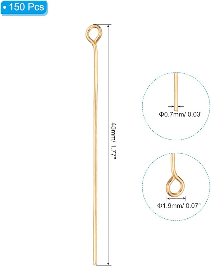PATIKIL 45mm Open Eye Pins, 150Pcs 23 Gauge Metal Head Pins Needles Eye Pins for Jewelry Making Findings Earring Necklace Bracelet DIY Crafts, Light Gold