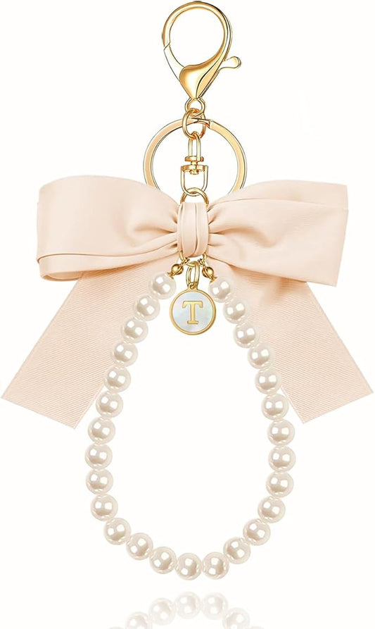 XGALBLA Initial Letter Cute Coquette Bow Keychain for Women, Wristlet Simulated Pearl Keychains Bag Charms for Handbags