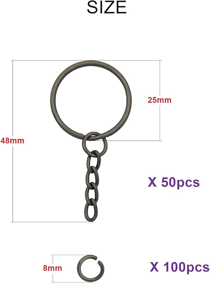 50Sets 1 inch Keychain Rings Gun Black Split Round Key Ring with Chain and Open Jump Rings for DIY Keychain Making Crafts