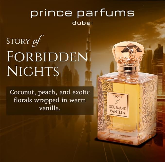 Prince Parfums Dubai – Story of Gourmand Vanilla – Women’s Extrait de Parfum 3.4 Ounces – Luxury Perfume with Coconut, Peach, Tiare Flower & Vanilla – Romantic, Sweet & Long Lasting Fragrance