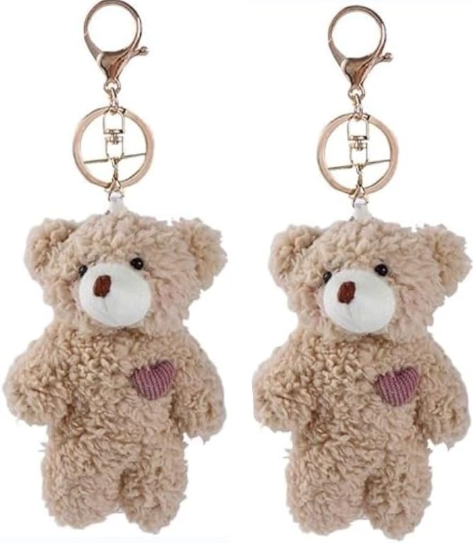 2Pcs Brown Bear Stuffed Keychain, Animal Bag Pendant, Rabbit DIY Trinket, Dog Plush Keyring Car Accessories