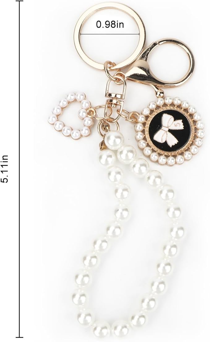 Pearl Keychain with White Bow,Beaded Wristlet Keychains Mother's Day Gift for Women Bow Key Charms
