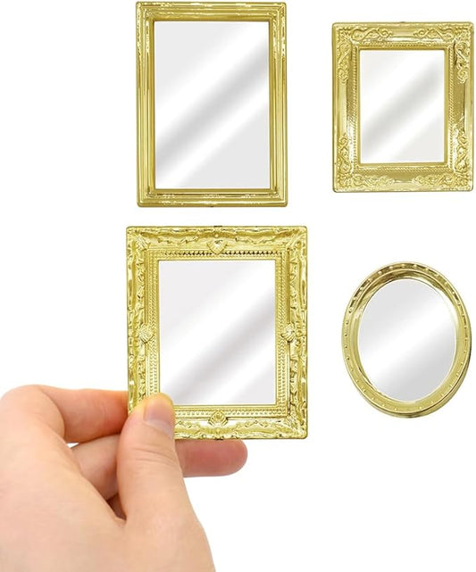iLAND Mini Mirrors, Dollhouse Accessories on 1:12 Scale, Miniature Framed Glass Mirror (Bright Golden 4pcs)