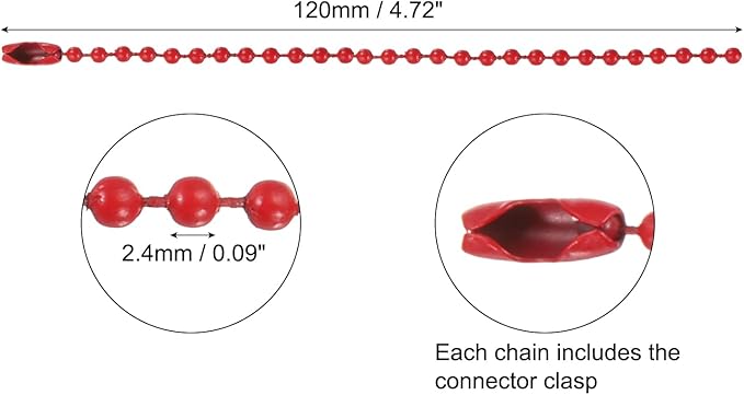 MECCANIXITY 20Pcs 5 Inch 12cm Ball Bead Chain, Metal Ball Chain with Connectors for Hanging Ornament Jewelry Necklace Dog Tag Keychain Christmas Decoration,Red