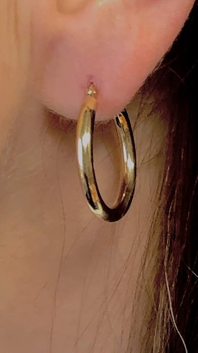 14K Yellow Gold Classic Real Hoop Earrings, (3mm Thick Tube)