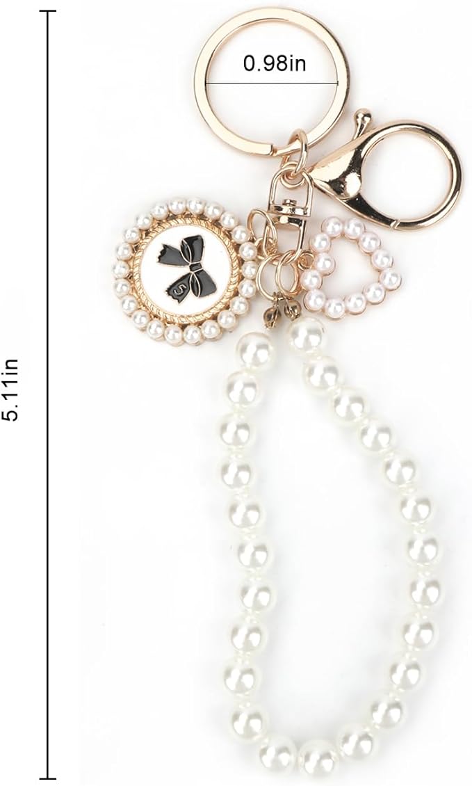 Pearl Keychain with White Bow,Beaded Wristlet Keychains Mother's Day Gift for Women Bow Key Charms